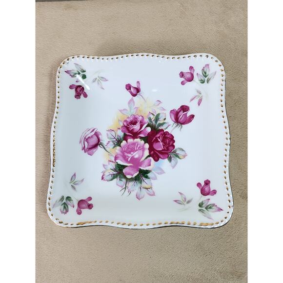 Square Bowl Floral Design Pink Roses 8 1/4" Porcelain Gold Trim Japan Vintage - Picture 7 of 10